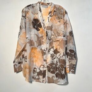 CAVITA Cotton/Silk V-Neck French Cuff Neutral Floral Career Cottage Blouse SZ 14